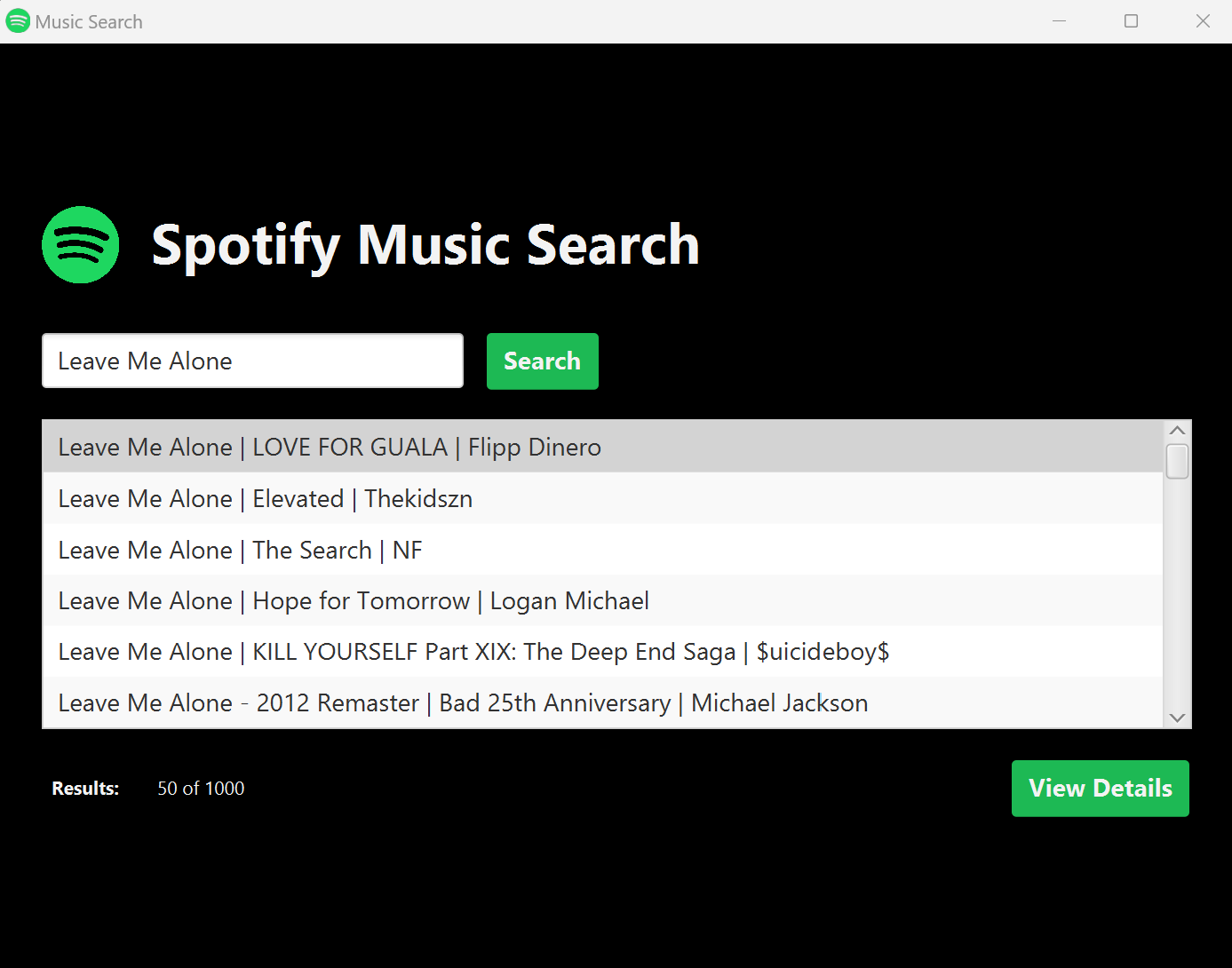 A screenshot of the spotify music search application